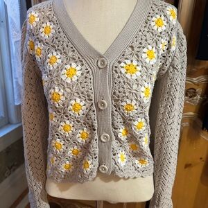 Cotton by Autumn Cashmere Beige and Yellow Crochet Cardigan. 100% cotton.
